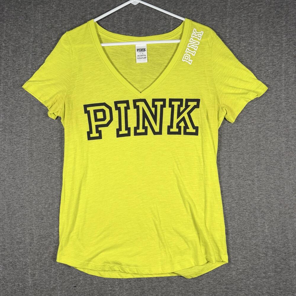 PINK Victoria's Secret Womens L Yellow V-Neck Logo Graphic T Shirt Short Sleeve